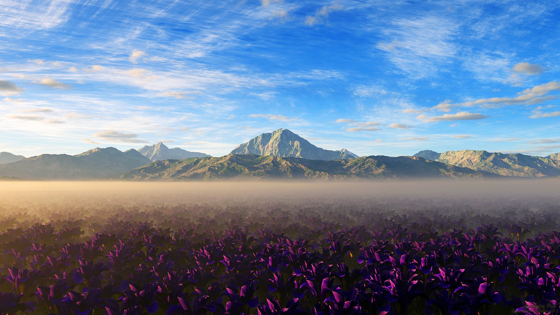 montañas campo flores neblina cielo nubes