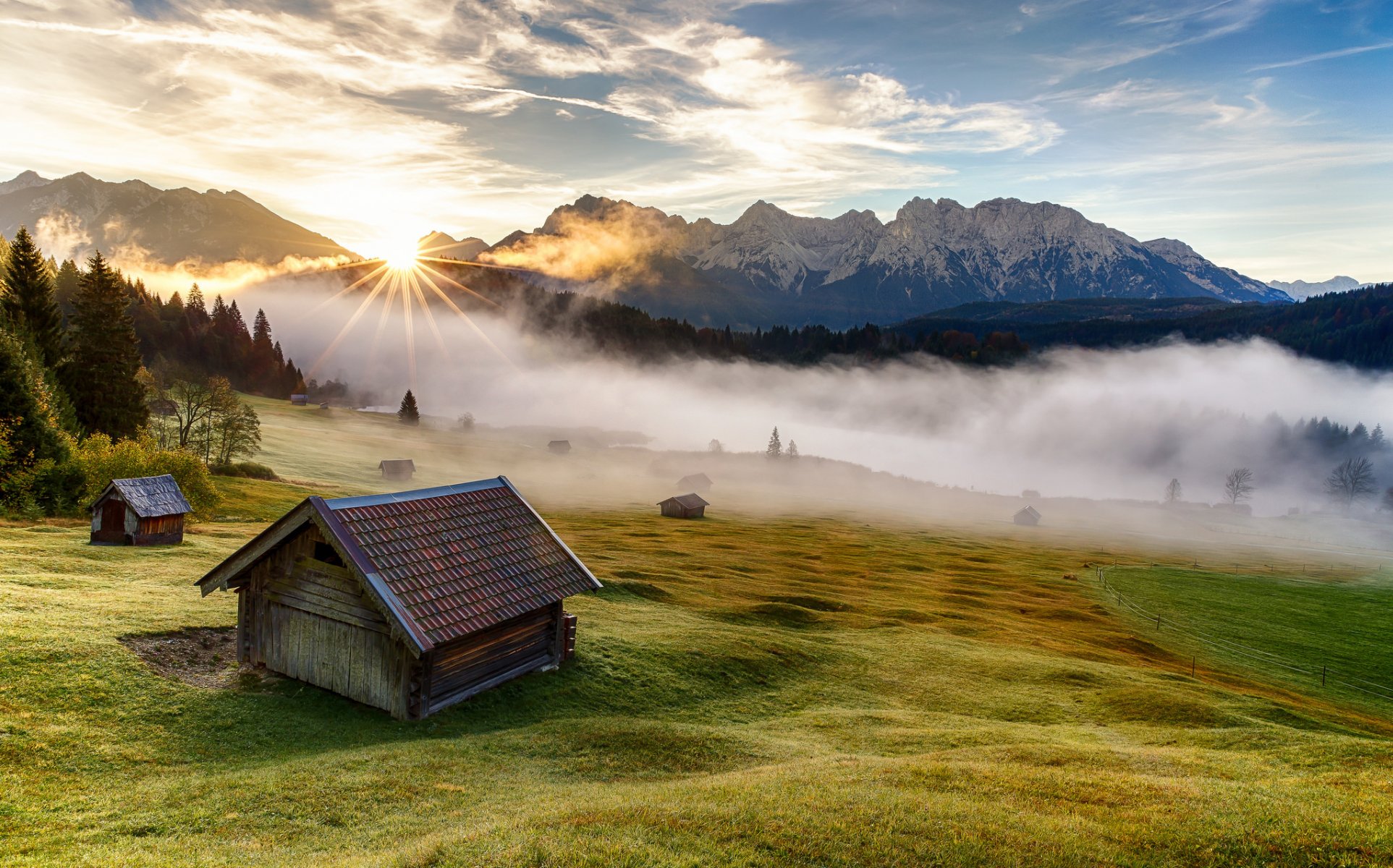 bavière allemagne montagnes maison matin brouillard arbres herbe nature