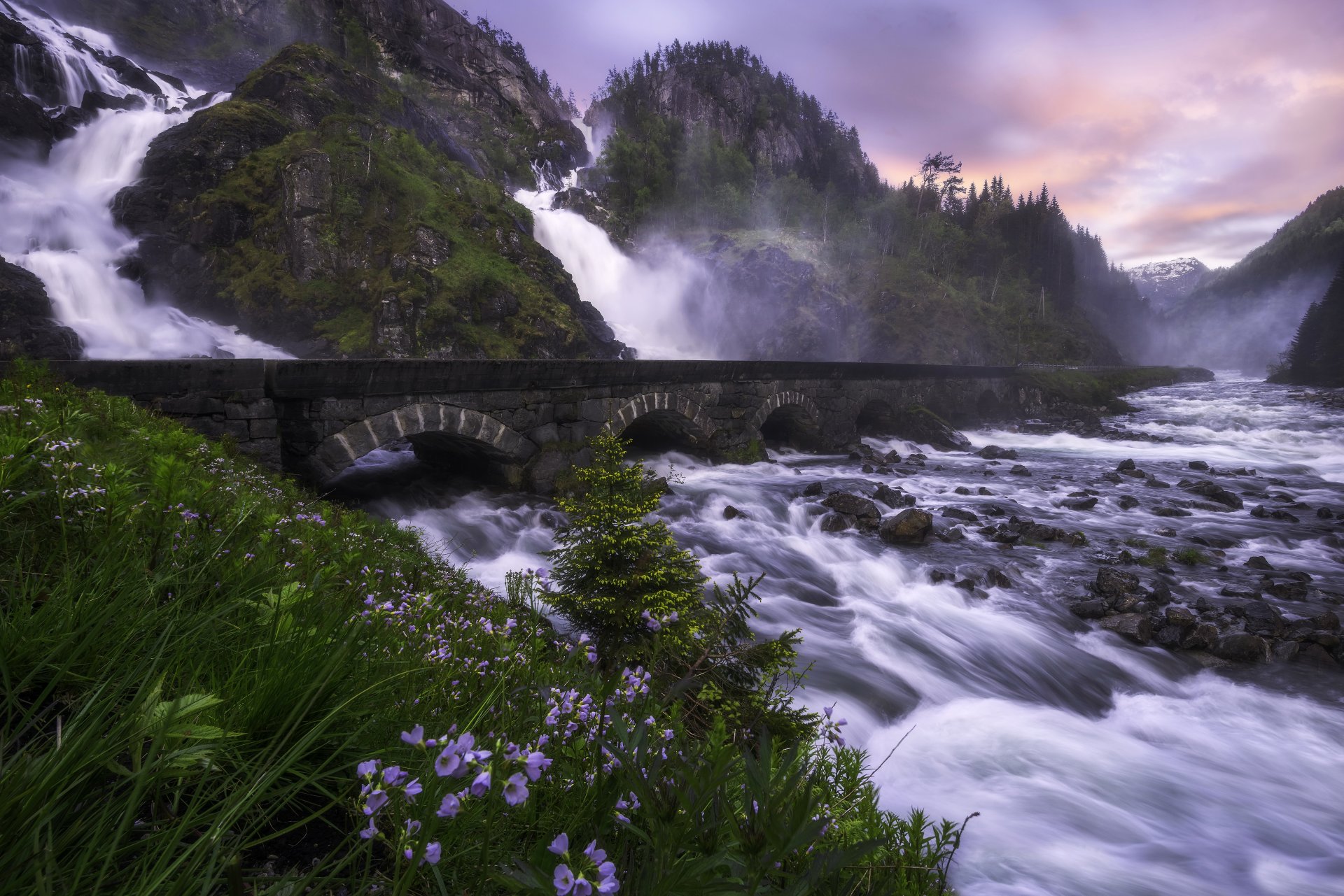 lotefoss odda norwegia wodospad kaskada rzeka most skały góry kamienie kwiaty