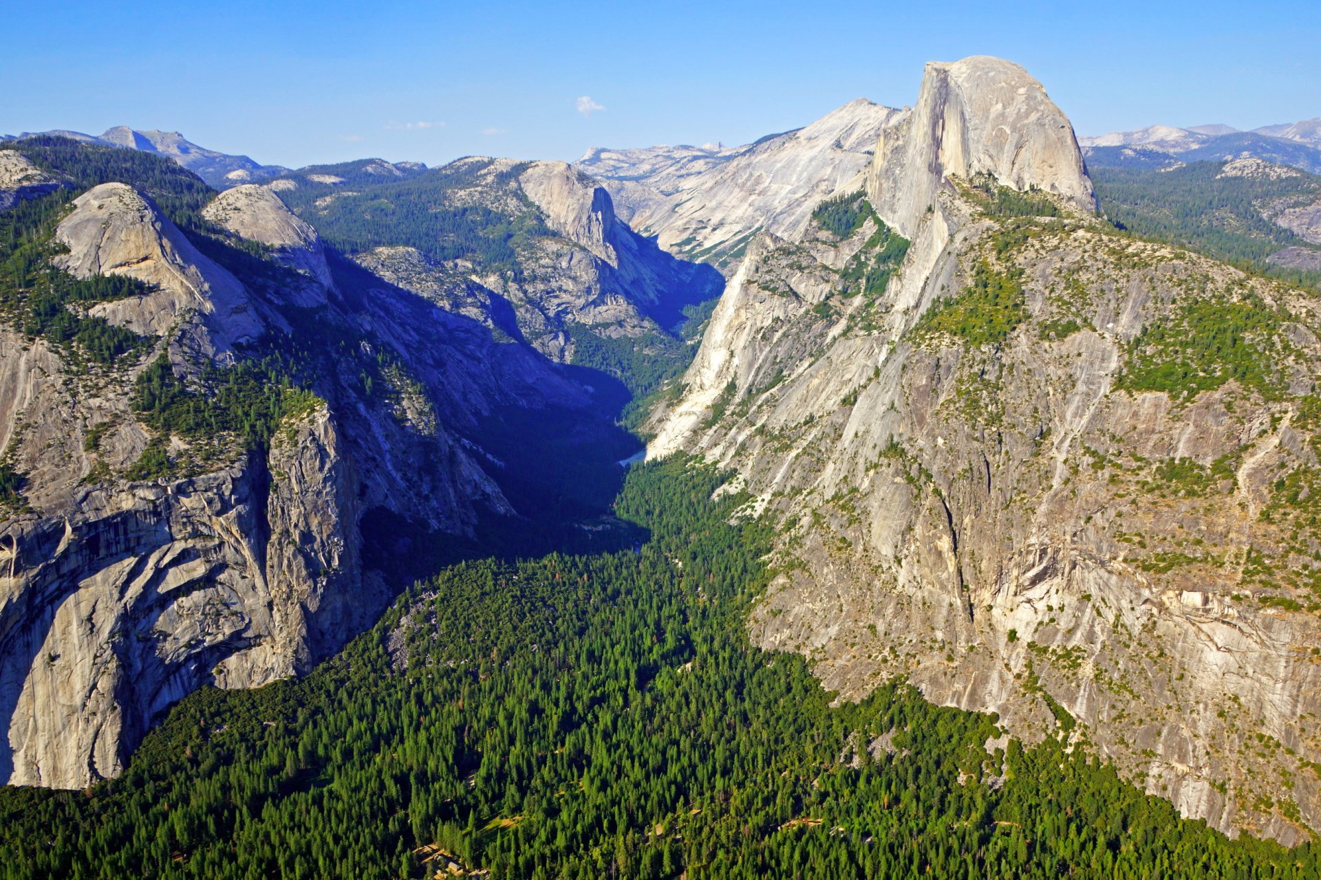 usa yosemite national park california mountains rocks forest gorge valley panorama sun