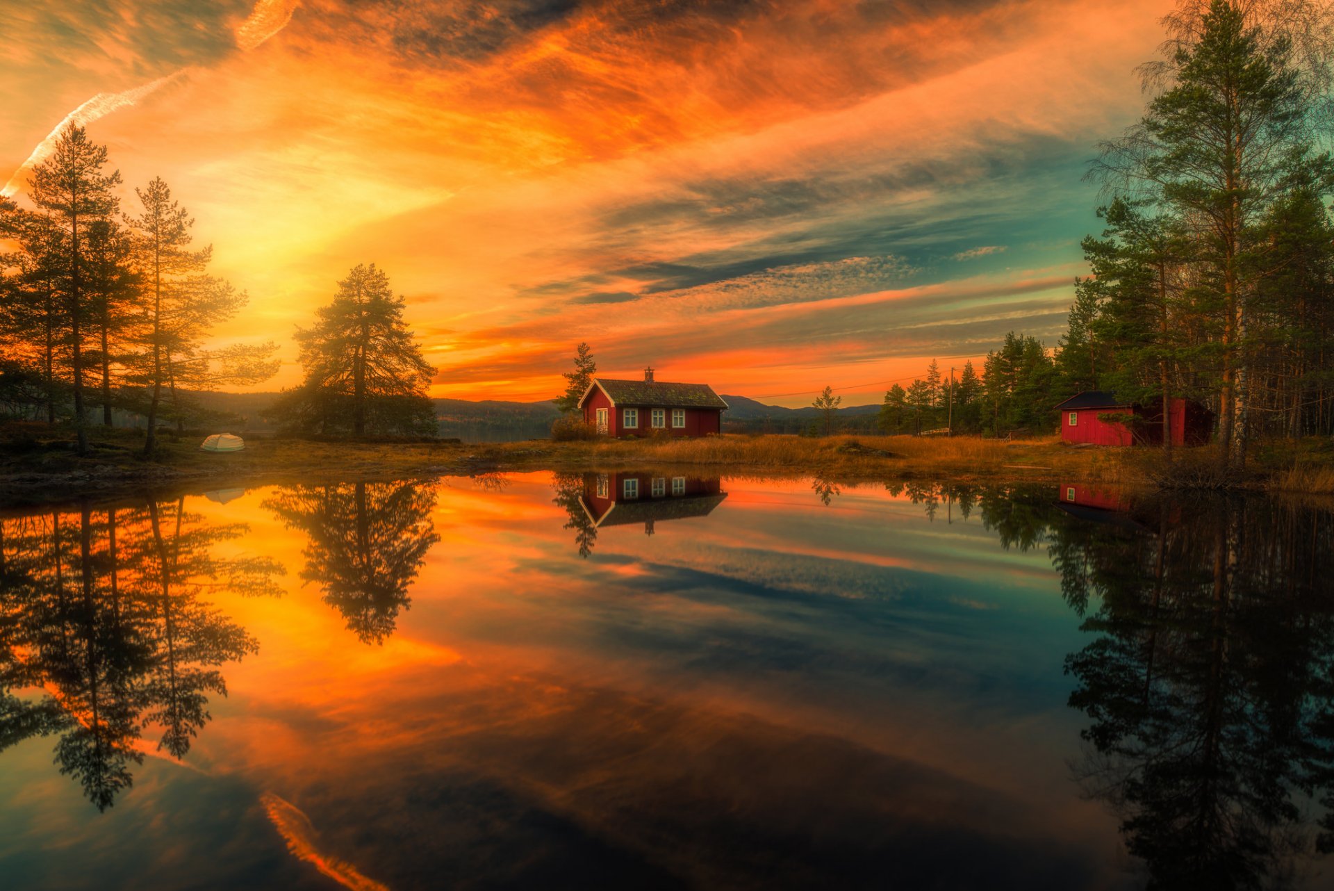 ringerike norway lake reflection house sunset tree