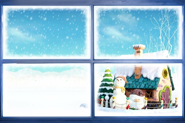 Снеговик возле домика за окном