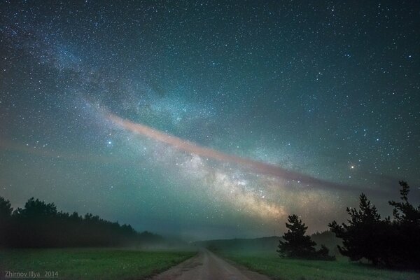 Die Straße unter dem Sternenhimmel entlang des Waldes