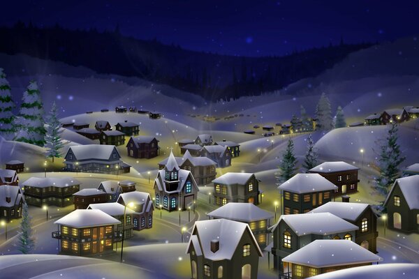 Night winter lights in the village