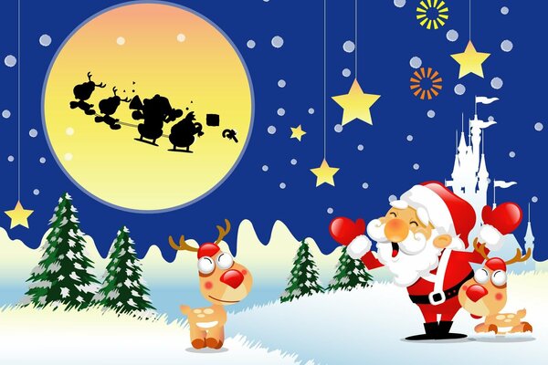 Santa Claus con renos en los árboles de Navidad