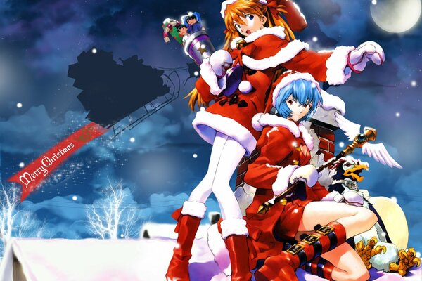 Christmas anime snow maiden with gifts