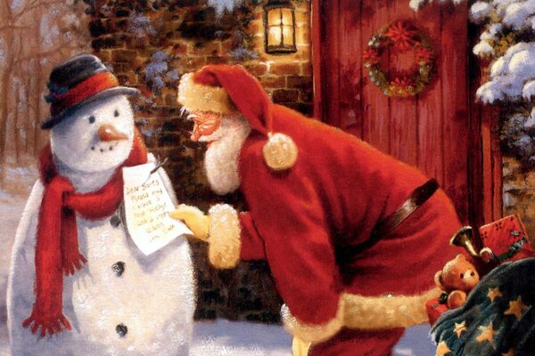 Le père Noël lit une lettre attachée à un bonhomme de neige