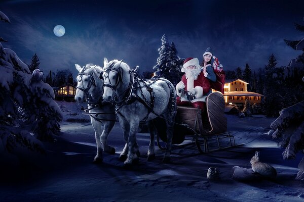 Papá Noel lleva regalos a caballo por la noche