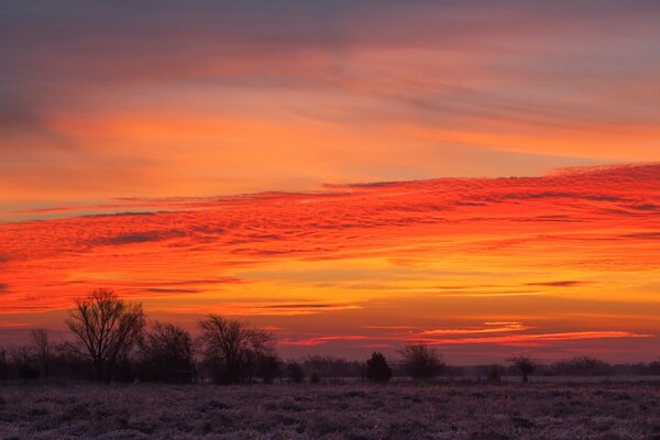 Scarlet sunset over a deserted field