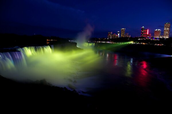 Night city houses waterfall lights