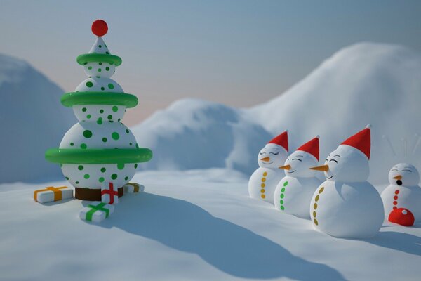 Funny snowmen on the background of winter snowdrifts