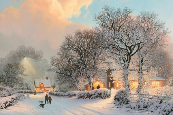 Sunset in the village. Winter