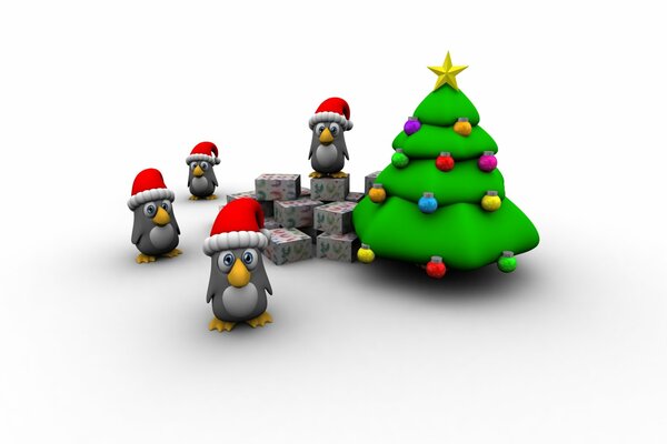 Drawing of a fir tree with penguins and boxes