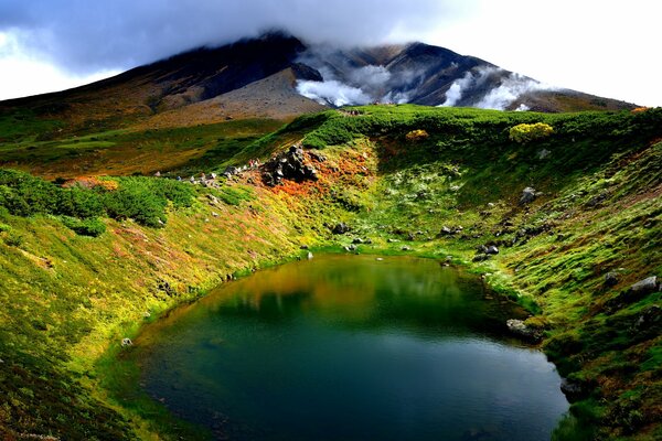 Un lago alrededor del cual un campo de colores con montañas