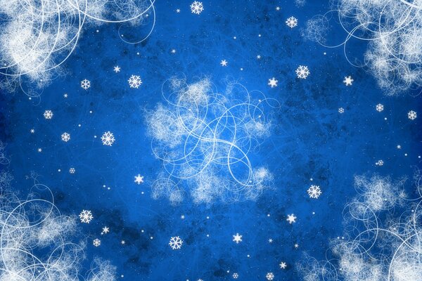 Winter patterns and snowflakes on a blue background