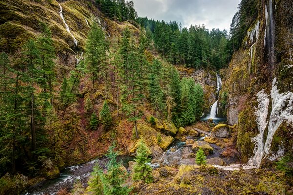 Водопад на фоне гор и деревьев