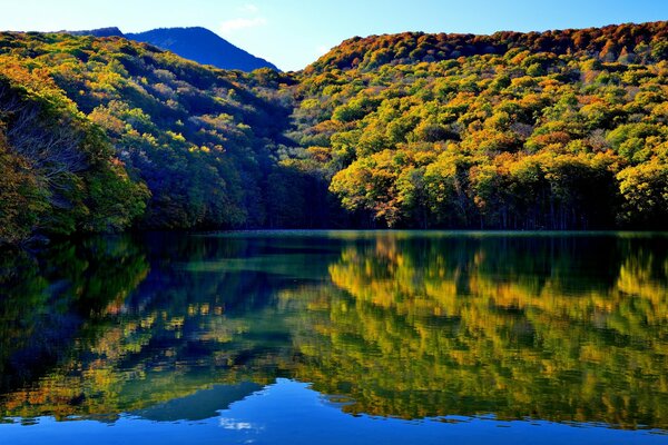 The surface of a mountain lake in Japan