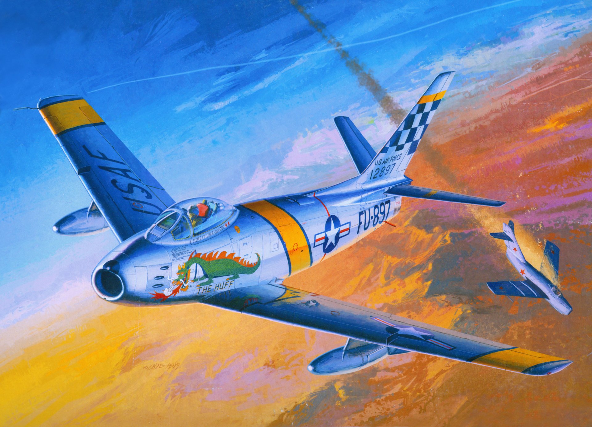 art guerre de corée 1950-1953 ciel chasseurs à réaction américain nord américain f-86 sabre abattu soviétique mig-15 figure