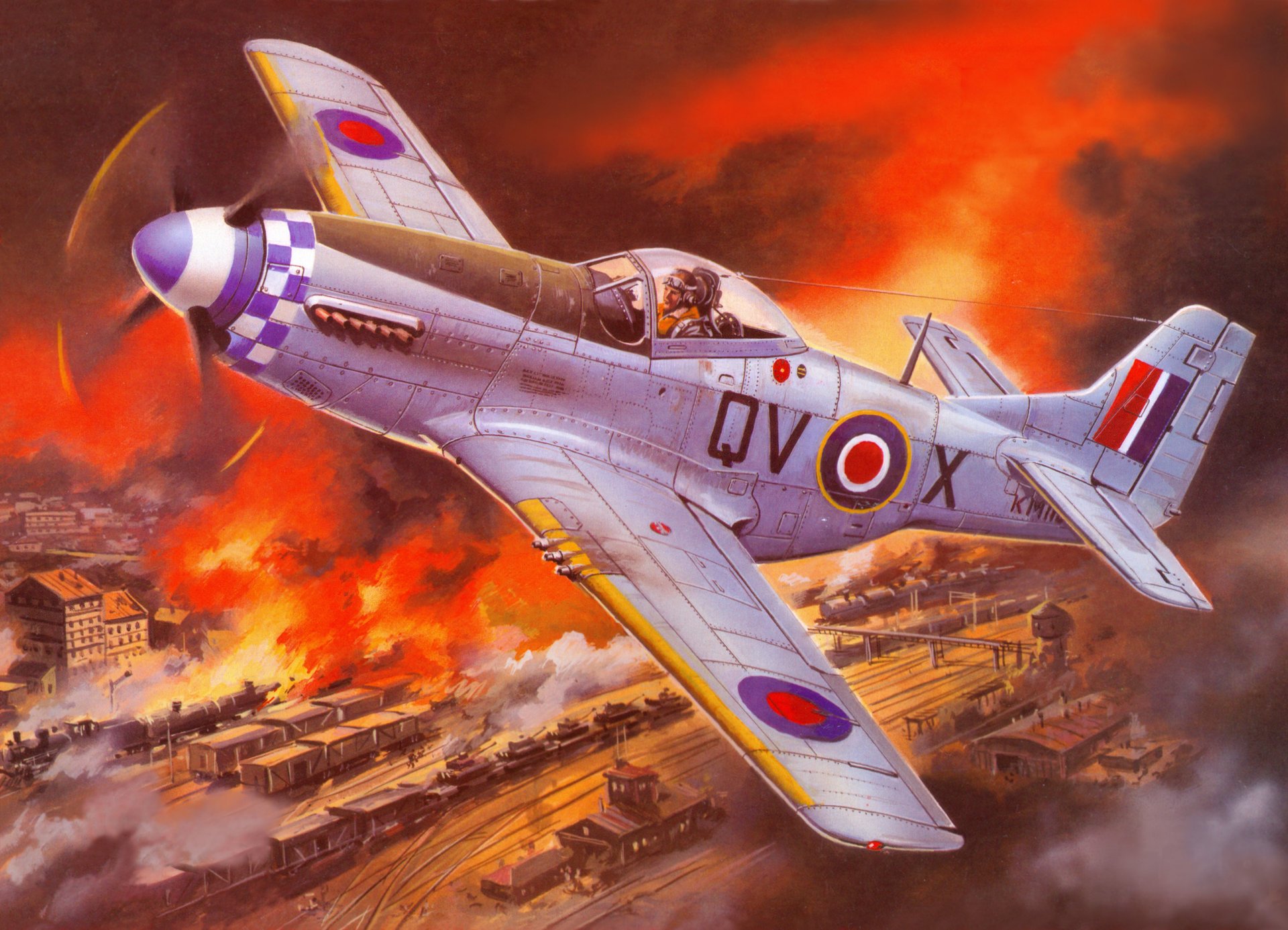 arte cielo norte americano r-51 mustang americano solo caza largo radio acción ferrocarril estación locomotora vagones edificios almacén fuego humo ww2 dibujo