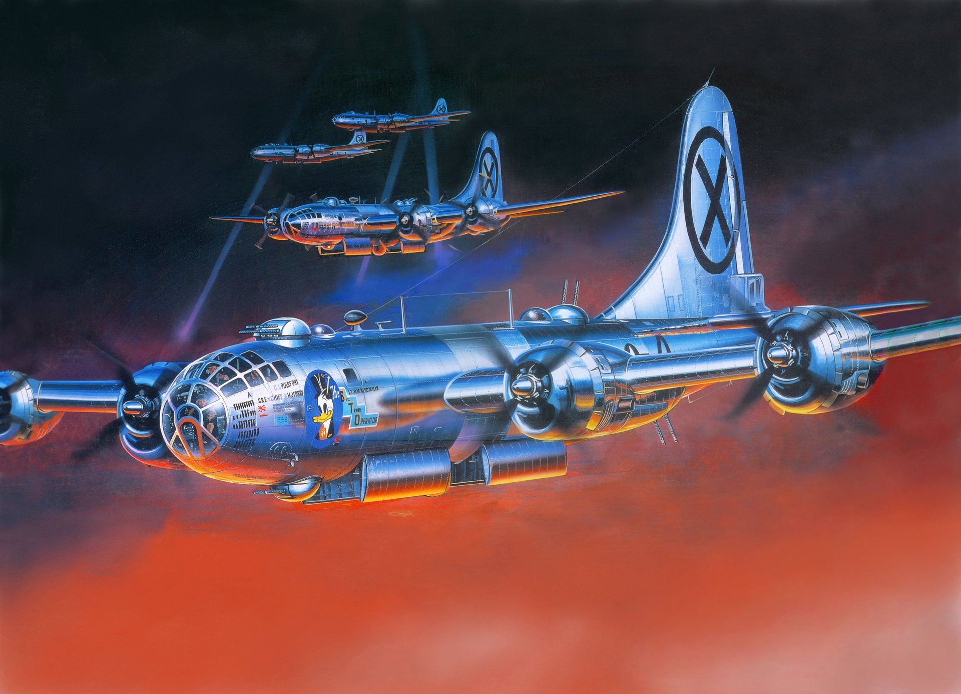 kunst himmel nacht boeing b-29 superfortress amerikanisch bomber aufgabe strahlen scheinwerfer glühen ww2 zeichnung