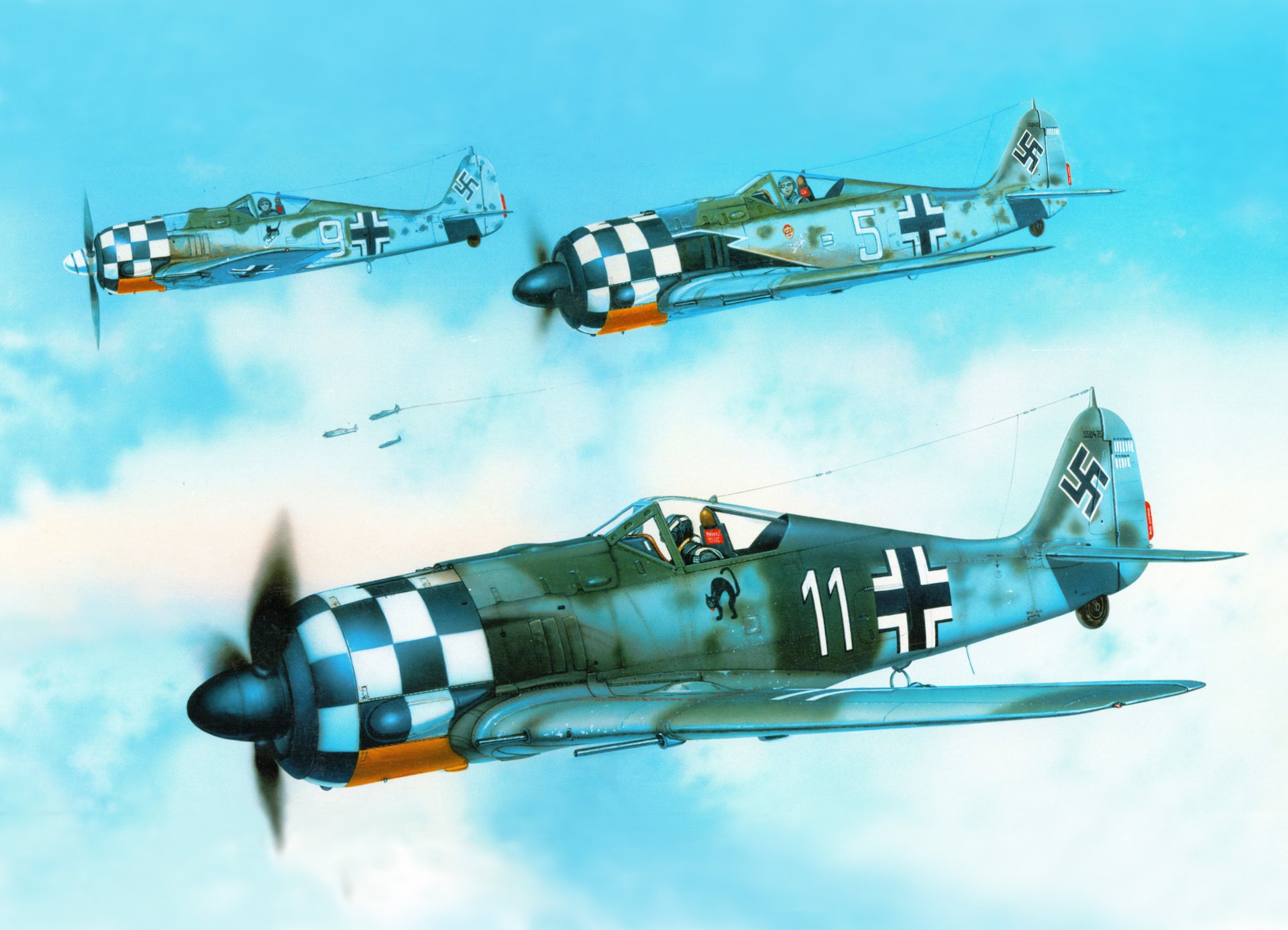 arte cielo focke-wulf fw 190a6 alemán monoplaza aviones de combate primer avión georg scott marcado personal gato negro arqueado ww2 dibujo