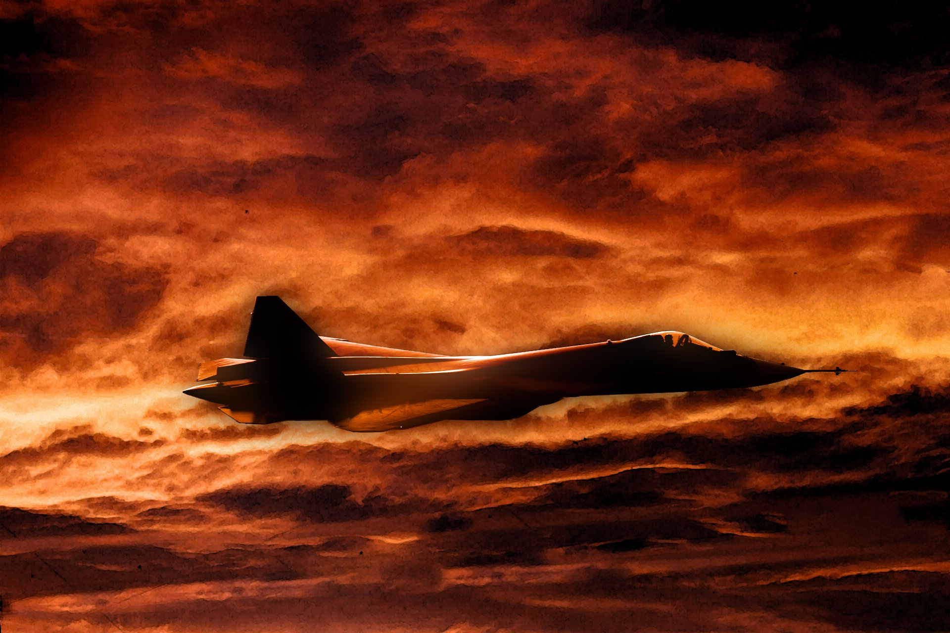 pak fa t-50 aviación multiusos caza fuerza aérea rusia dibujo puesta de sol cielo nubes