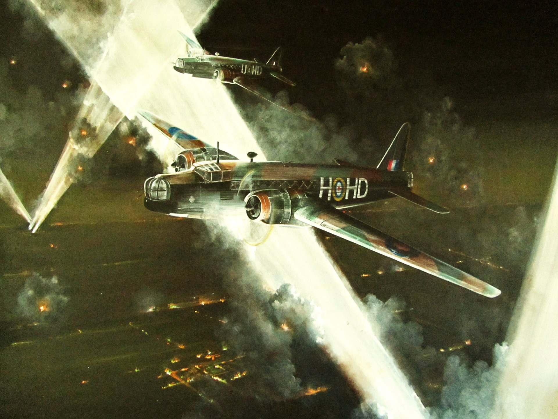 arte cielo noche británico bimotor bombarderos vickers wellington vickers wellington bombardeo tierra fuego incendios humo rayos de focos ww2 dibujo