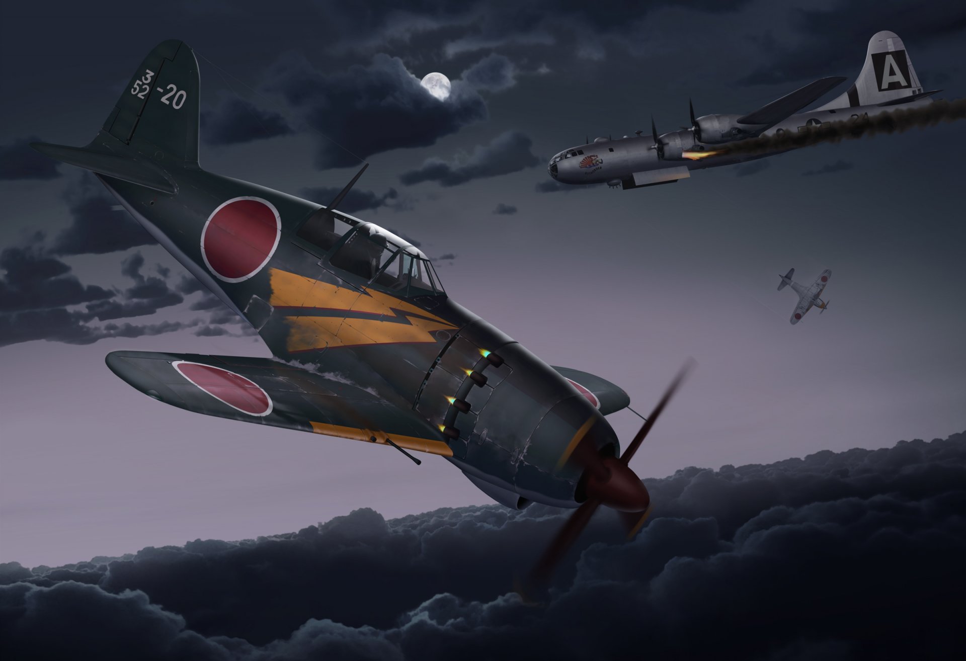 kunst nacht kawasaki ki-100 japanisch kampfflugzeuge abgeschossen b-29 superfortress amerikanisch strategisch bomber himmel wolken ww2 zeichnung