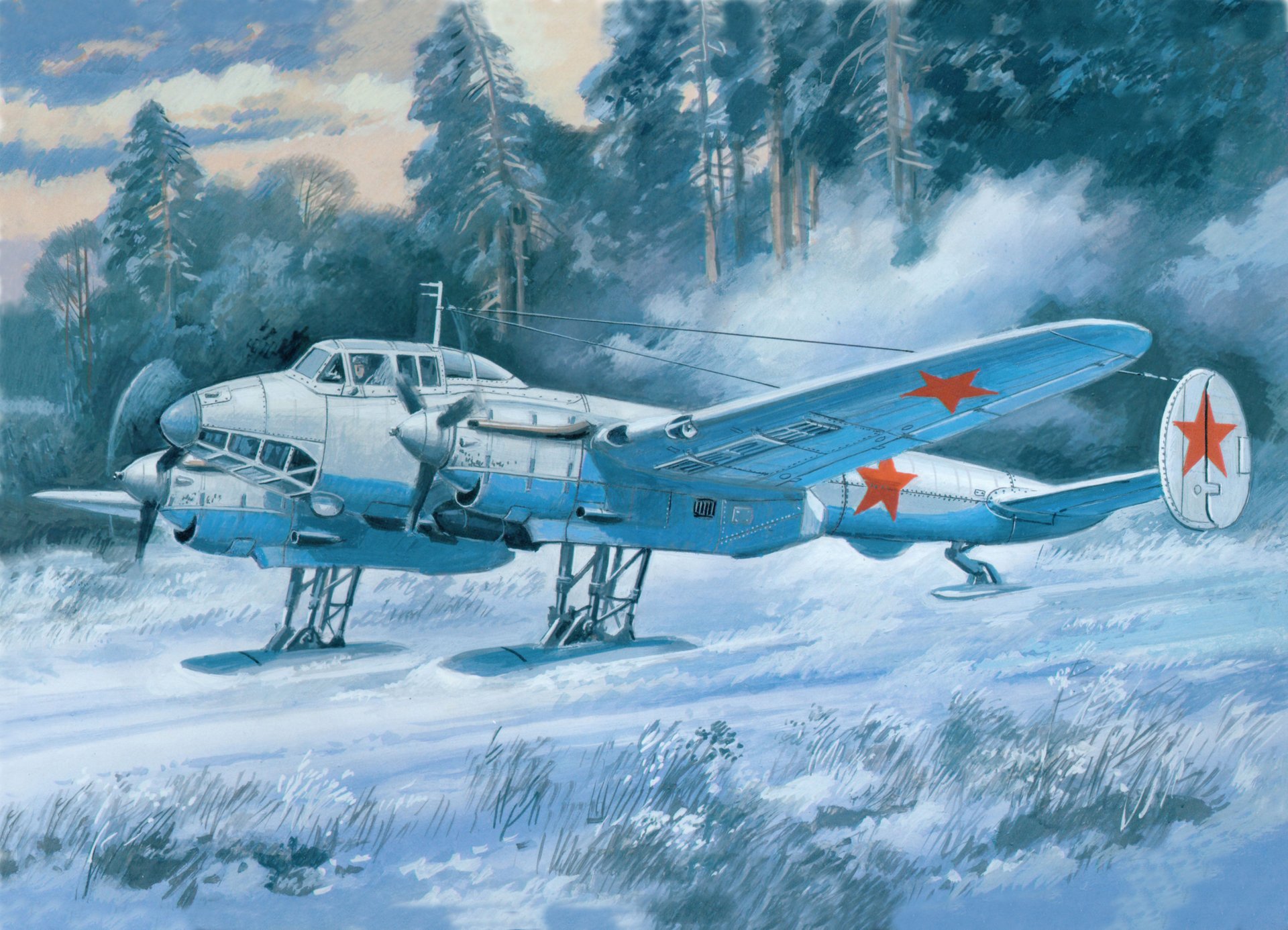 arte inverno neve campo aereo in picchiata sovietico bombardiere pe-2 um serie 55 sul telaio da sci seconda guerra mondiale figura