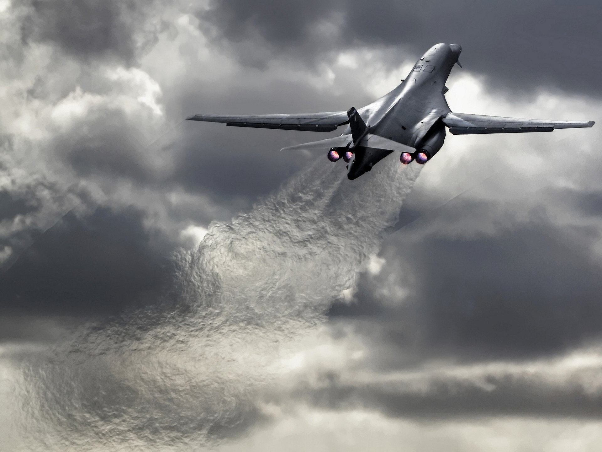 rockwell b-1 lancer сверхзвуковой стратегический бомбардировщик сша взлет пасмурно сопла тепловой след