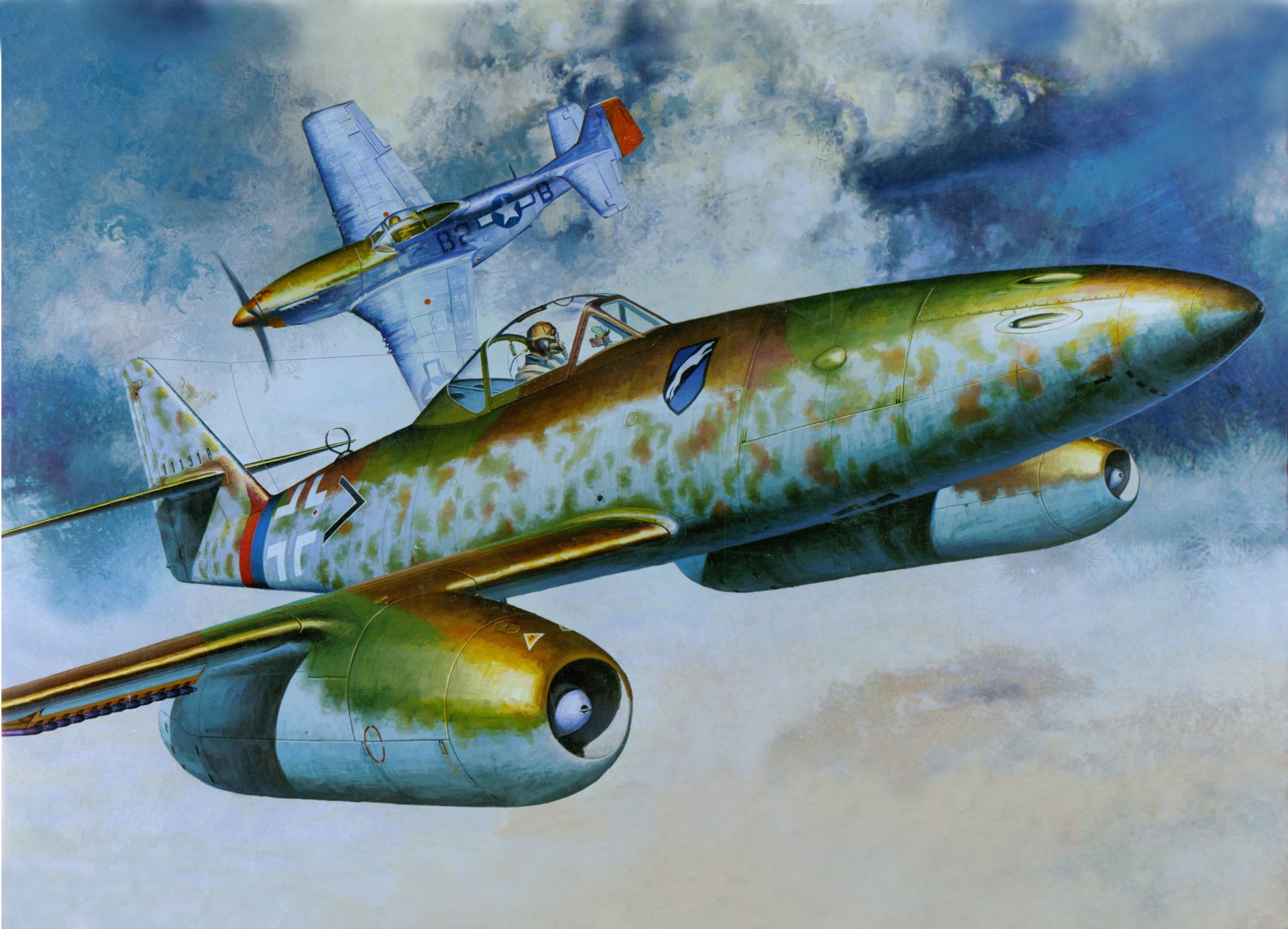 art ciel combat combattants allemand jet je 262a-1a américain p-51 mustang ww2 dessin