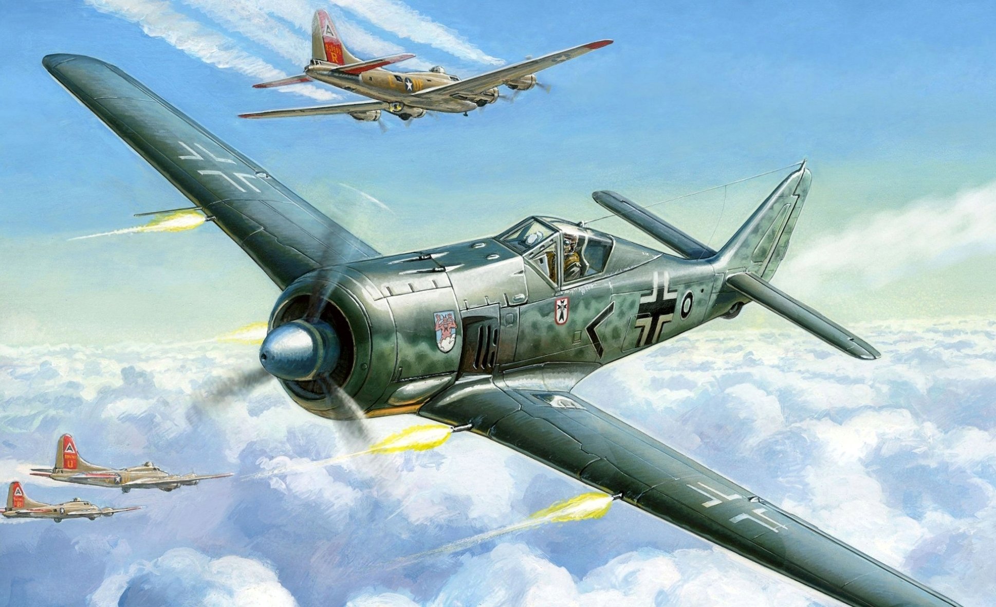 kunst himmel focke-wolf fw-190 a-4 deutsch kampfjet boeing b-17 fliegende festung amerikanisch bomber ww2 zeichnung