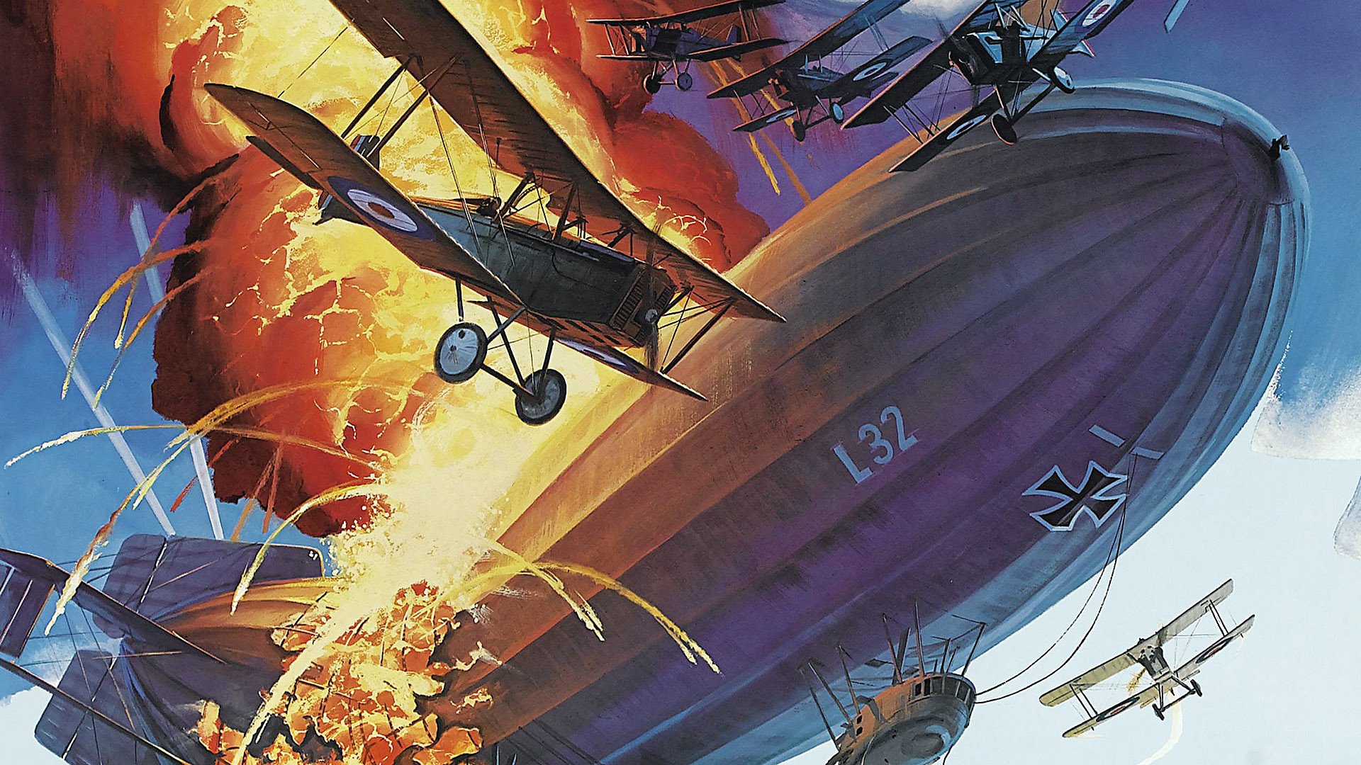 art sky airship air fight fire flame first world war