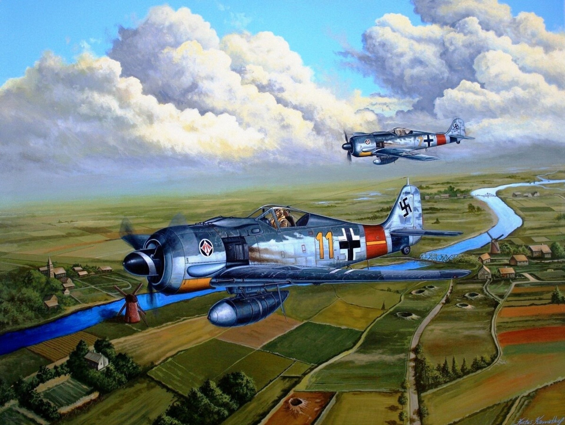 art ciel focke-wulf fw 190 sorokoput focke-wulf würger allemand monoplace monomoteur monoplan de chasse terre rivière routes bâtiments ww2 dessin