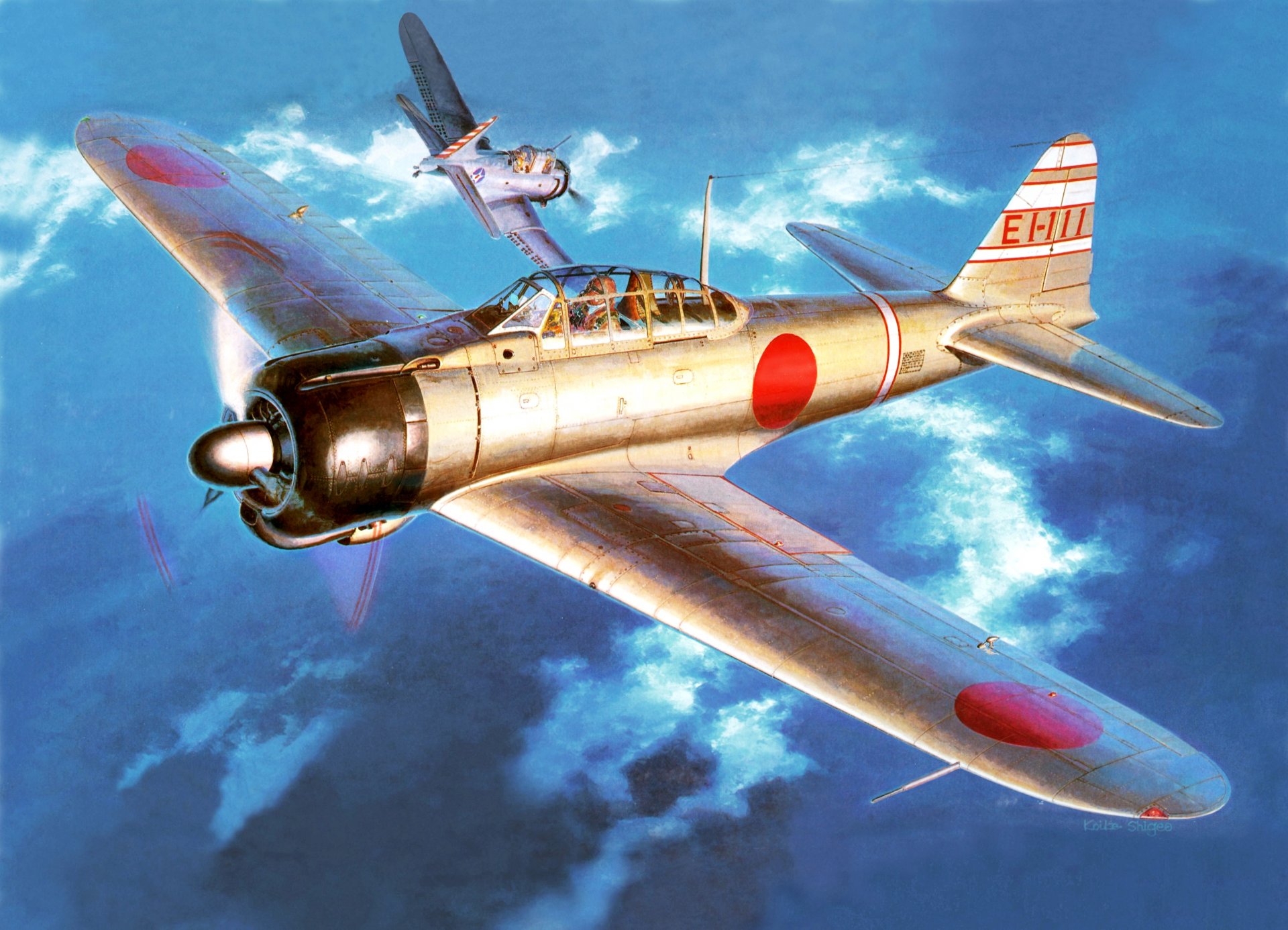 arte cielo combattimento aereo mitsubishi a6m risen mitsubishi a6m risei giapponese combattente di coperta sbd / a-24 imperterrito americano immersione coperta bombardiere d attacco ww2 figura