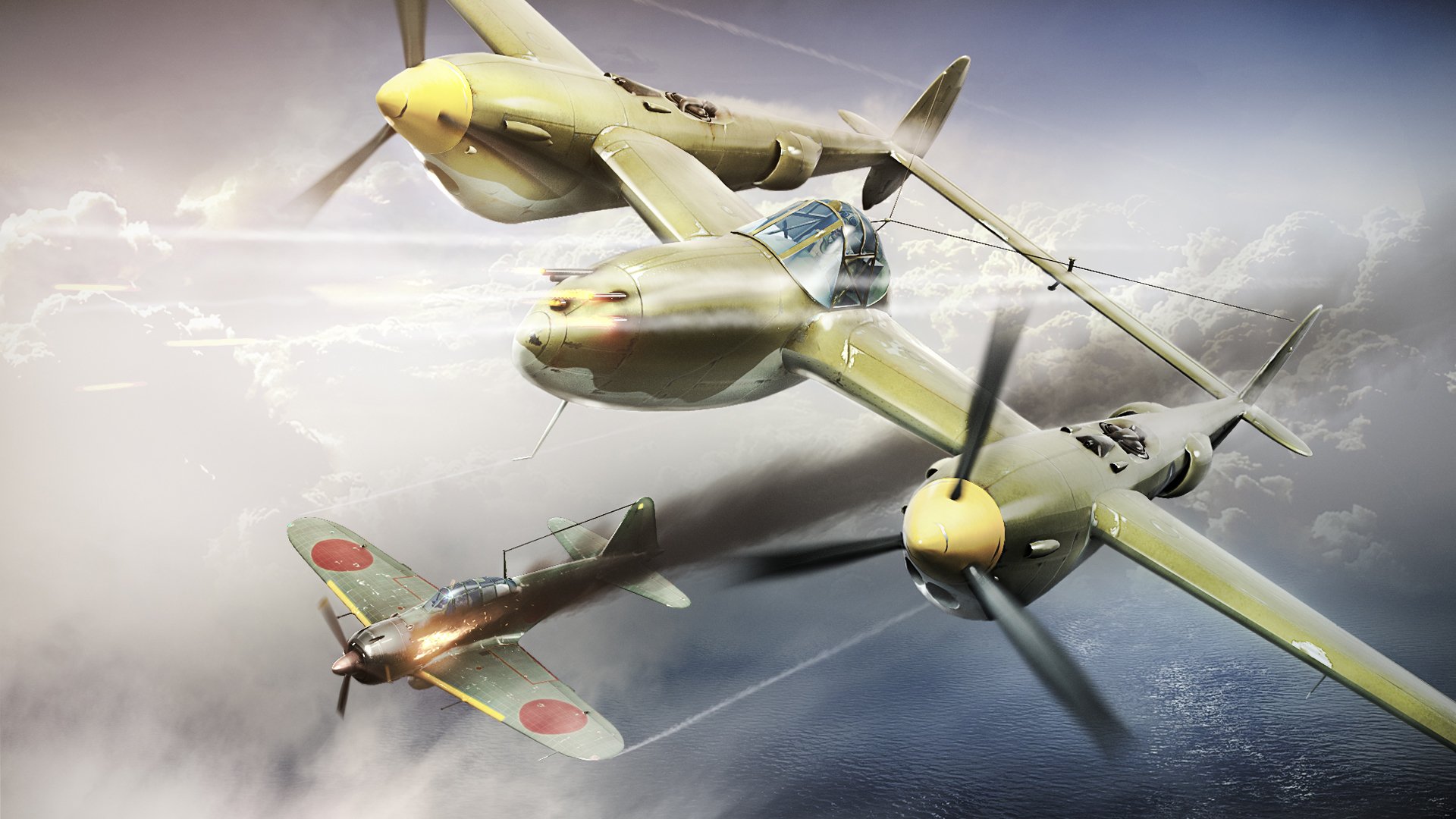 art sky airfight lockheed p-38 lightning amerykański myśliwiec zestrzelony a6m reisen zero japoński morski myśliwiec pokładowy ww2