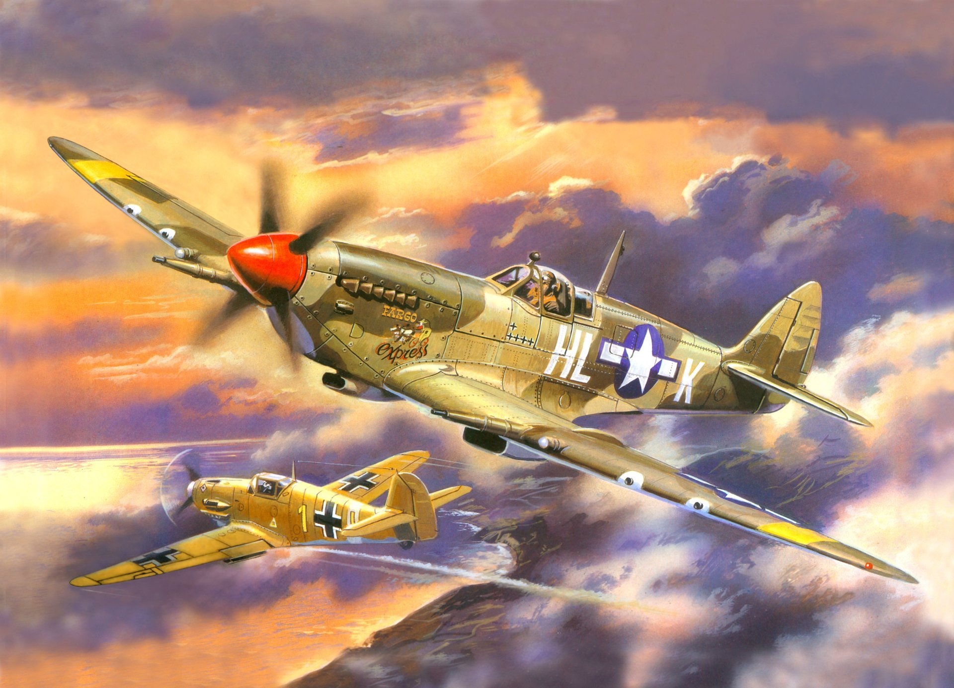 kunst himmel luft kampf bf-109e-3 deutsch kämpfer und geschlagen englisch hawker hurrikan wasser schiffe ufer ww2 zeichnung