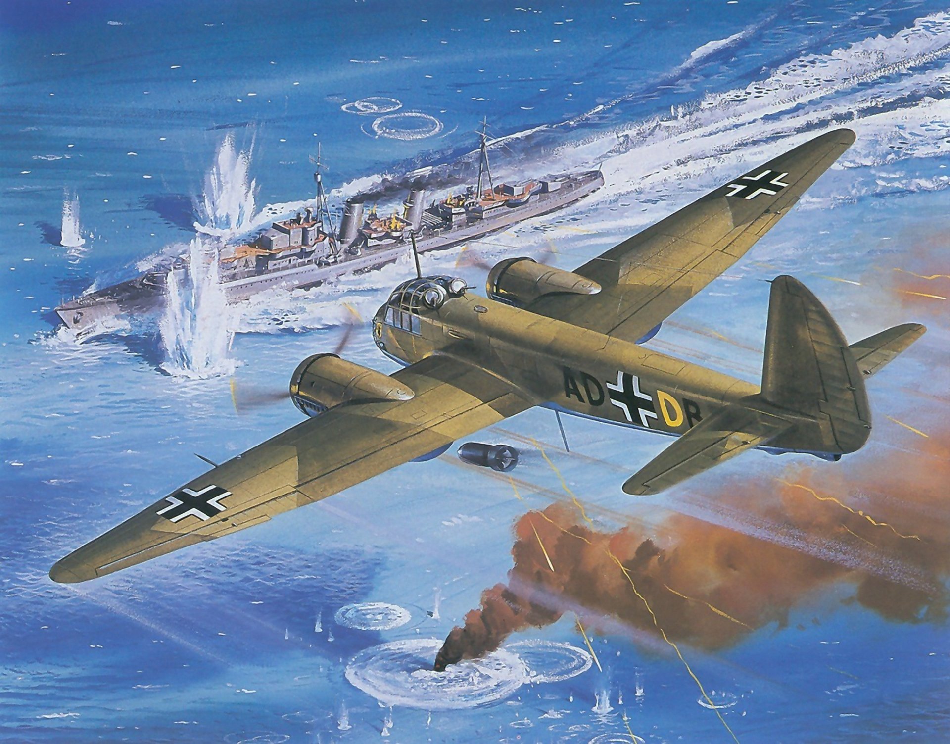 kunst krieg himmel flugzeug junkers yu-88 deutsch bomber untergang ziel meer militär schiff zerstörer explosionen bursts rauch ww2 zeichnung