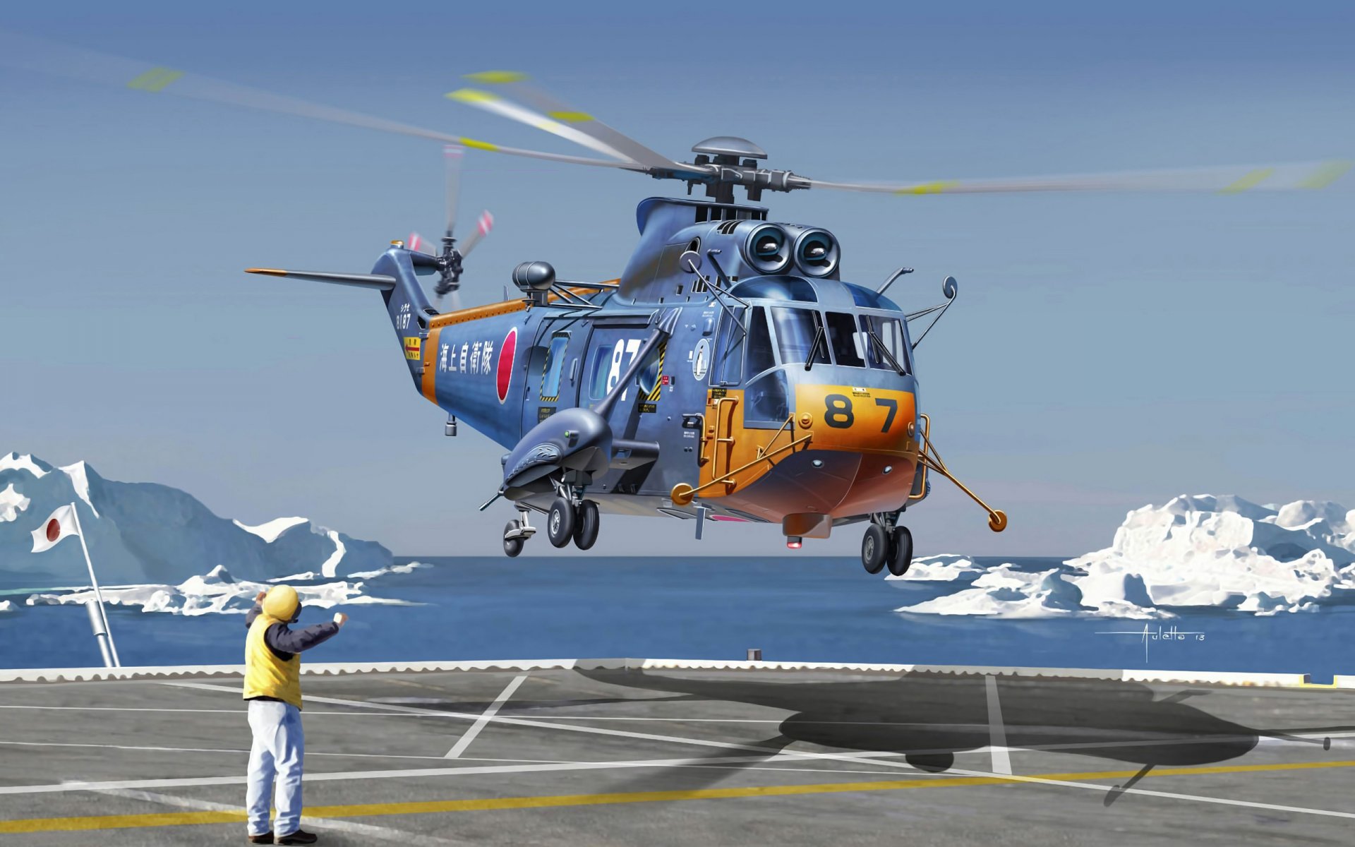 arte helicóptero multipropósito transporte sikorsky s-61a sea king antártida observación estados unidos diseñado para transferencia carga militar propósito aterrizaje en servicio japón artista vincenzo auletta