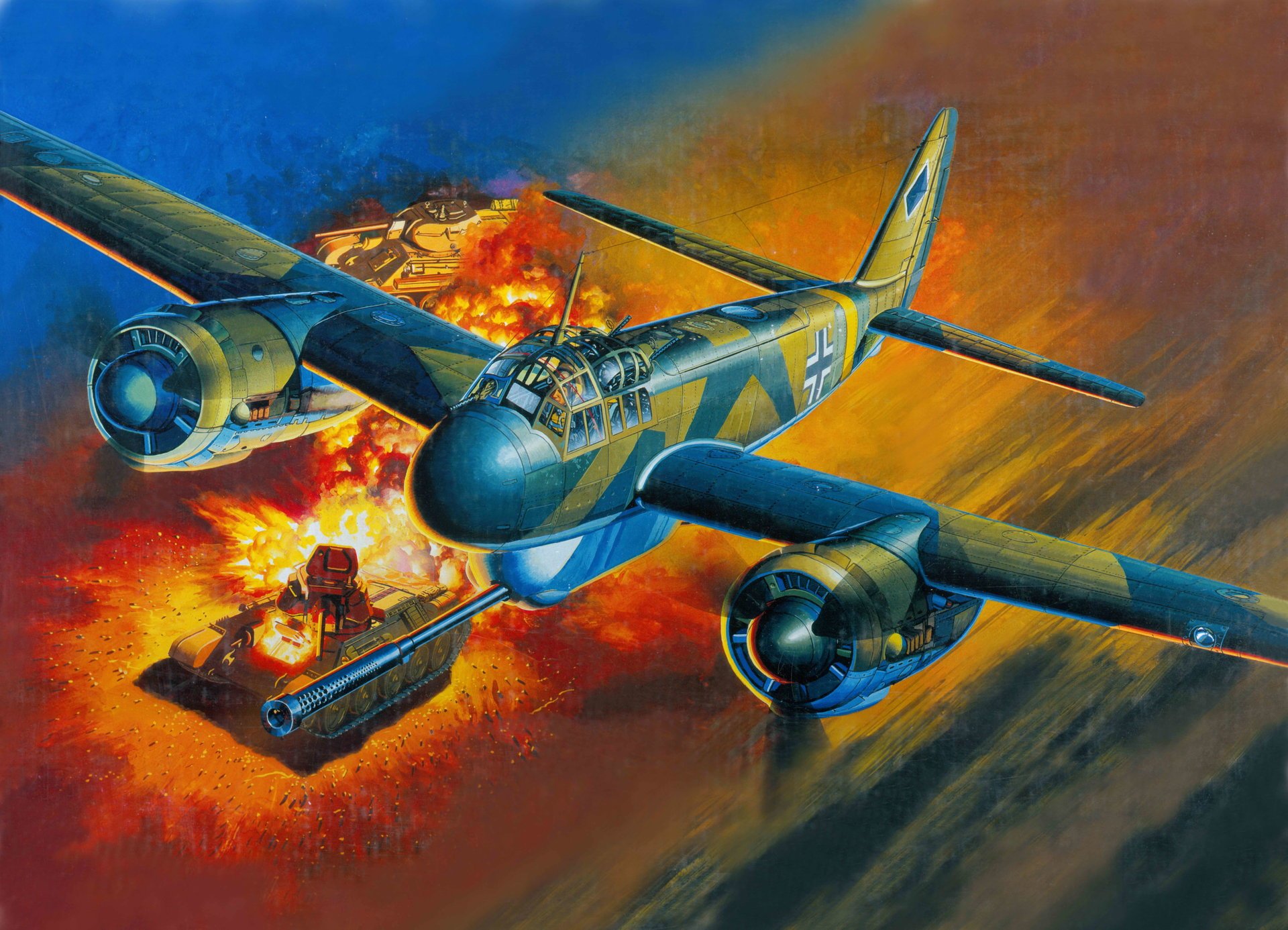 art guerre ciel junkers ju.88 p-1 pak 40 antichar canon allemand avion d attaque chasseur de chars t-34 soviétique char moyen feu