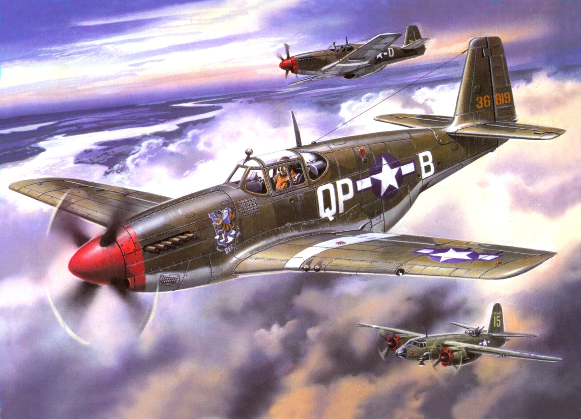 art sky p-51v mustang amerykańskie myśliwce eskorta eskorta samolot douglas a-20 havok amerykański lekki bombowiec ww2 rysunek