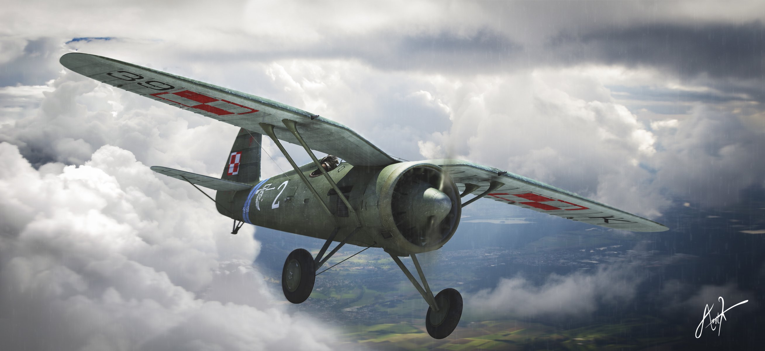 arte cielo pzl p.11 polacco monomotore caccia monoplano ww2 disegno