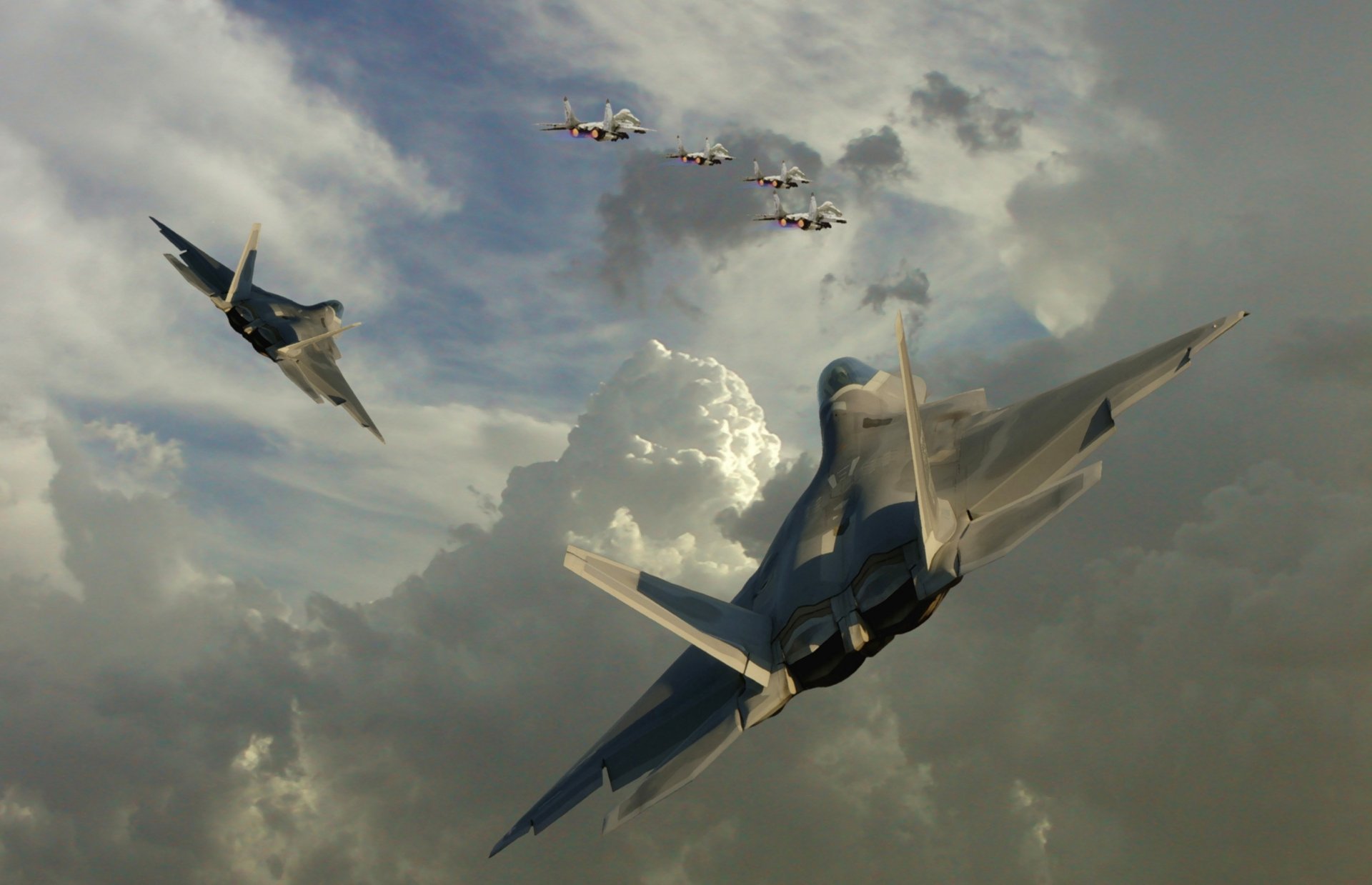 fighters f-22 mig-29 sky clouds cloud