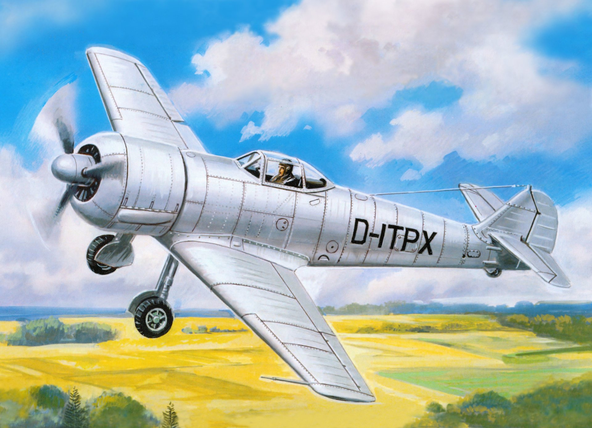 dibujo cielo avión bf.109x nubes tierra campos árboles ww2