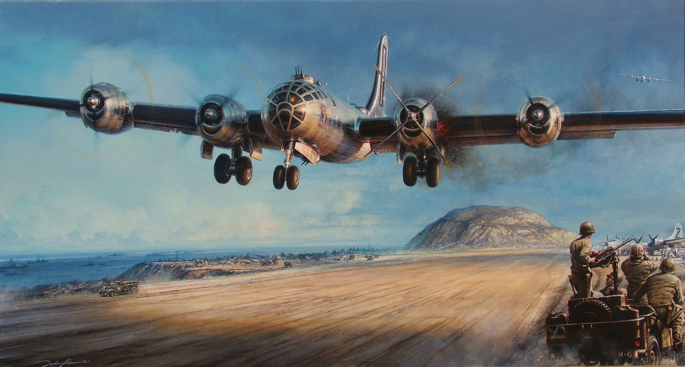 kunst krieg flugplatz flugzeug amerikanisch bomber boeing b-29 superfortress landung schaden motor flamme rauch ww2 zeichnung