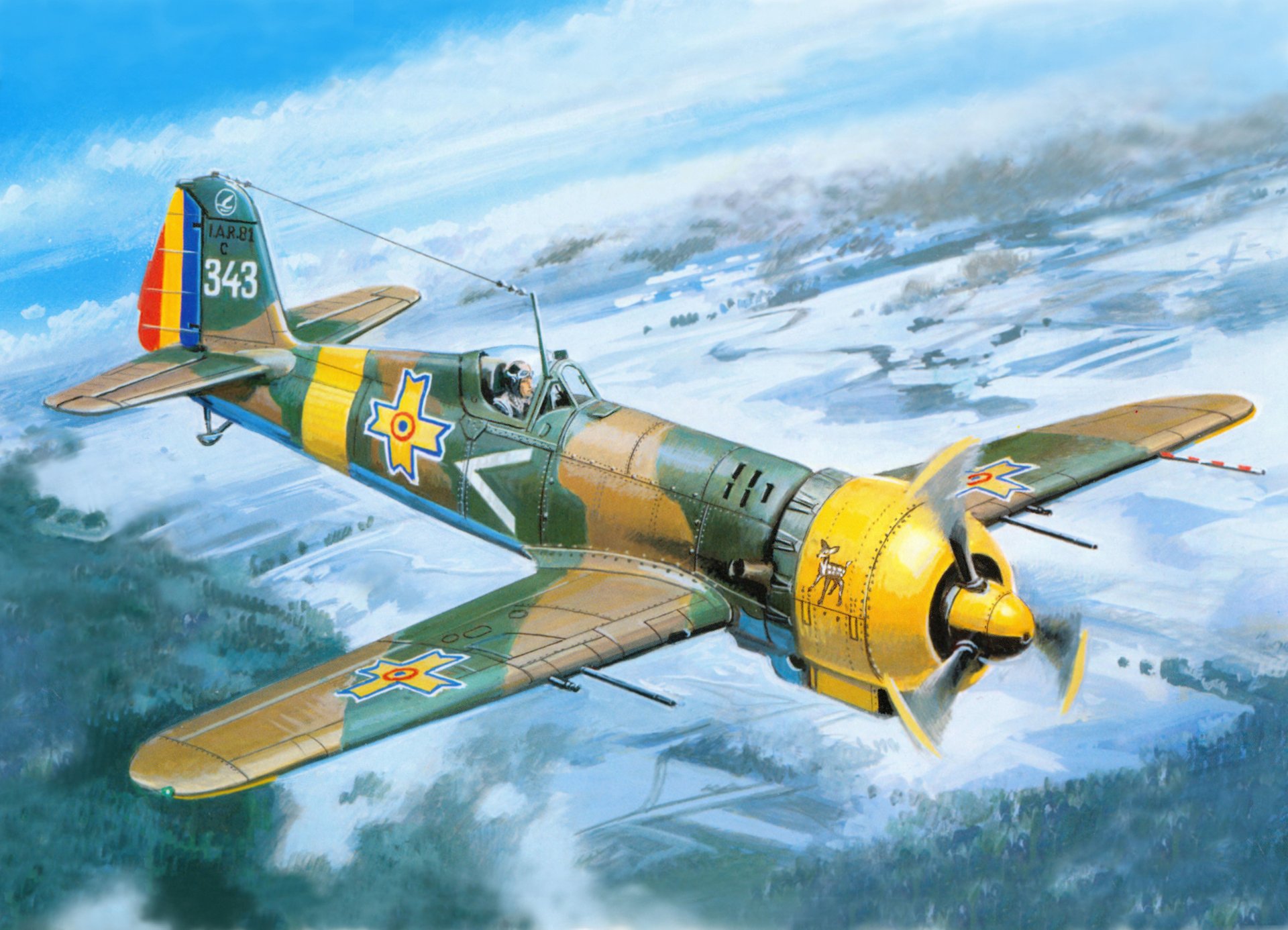 arte cielo avión iar-81c rumano todo metal luchador plano bajo tierra bosques campos ww2 dibujo