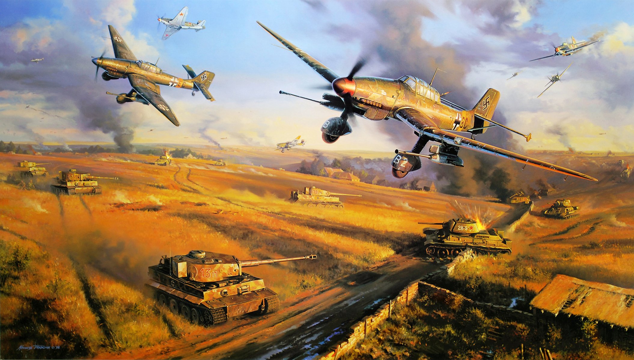 russo russo russo russo combattente jun ju 87 aereo tedesco seconda guerra mondiale arte guerra pittura arte aeronautica esercito combattimento corpo a corpo abbattuto freddo ghiaccio bombardiere tedesco yak 7 combattente russo aereo russo carro armato russo carro armato tedesco m carro armato t-34 carro armato tiger