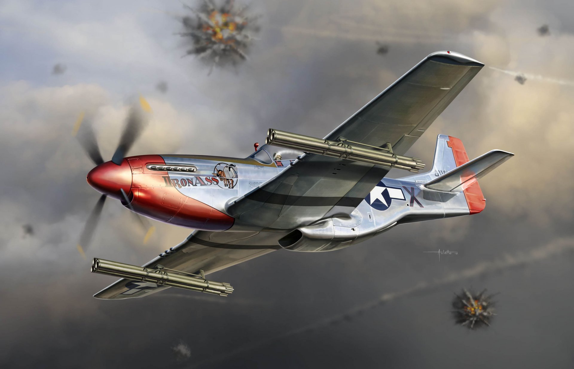 art aircraft single-seat fighter long-range range action north american r-51k mustang north america r-51k additionally armed with six missiles m8 in tubular guides m10 aerial combat air force usa ww2