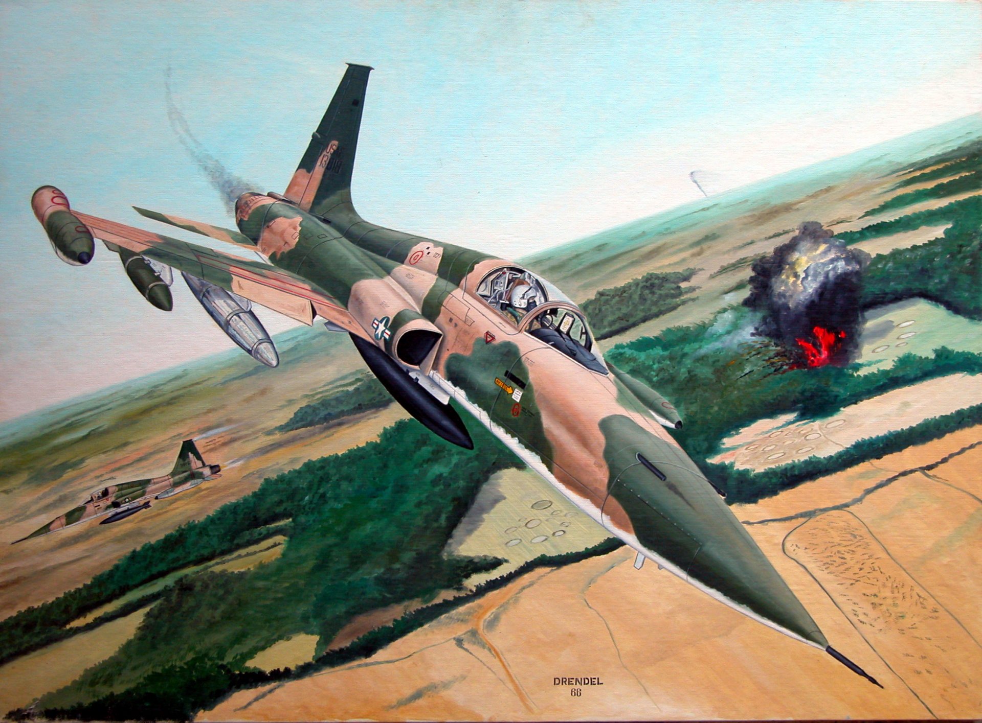 arte northrop f-5 freedom fighter americano multiusos aviones de combate cielo tierra vegetación explosión llama dibujo