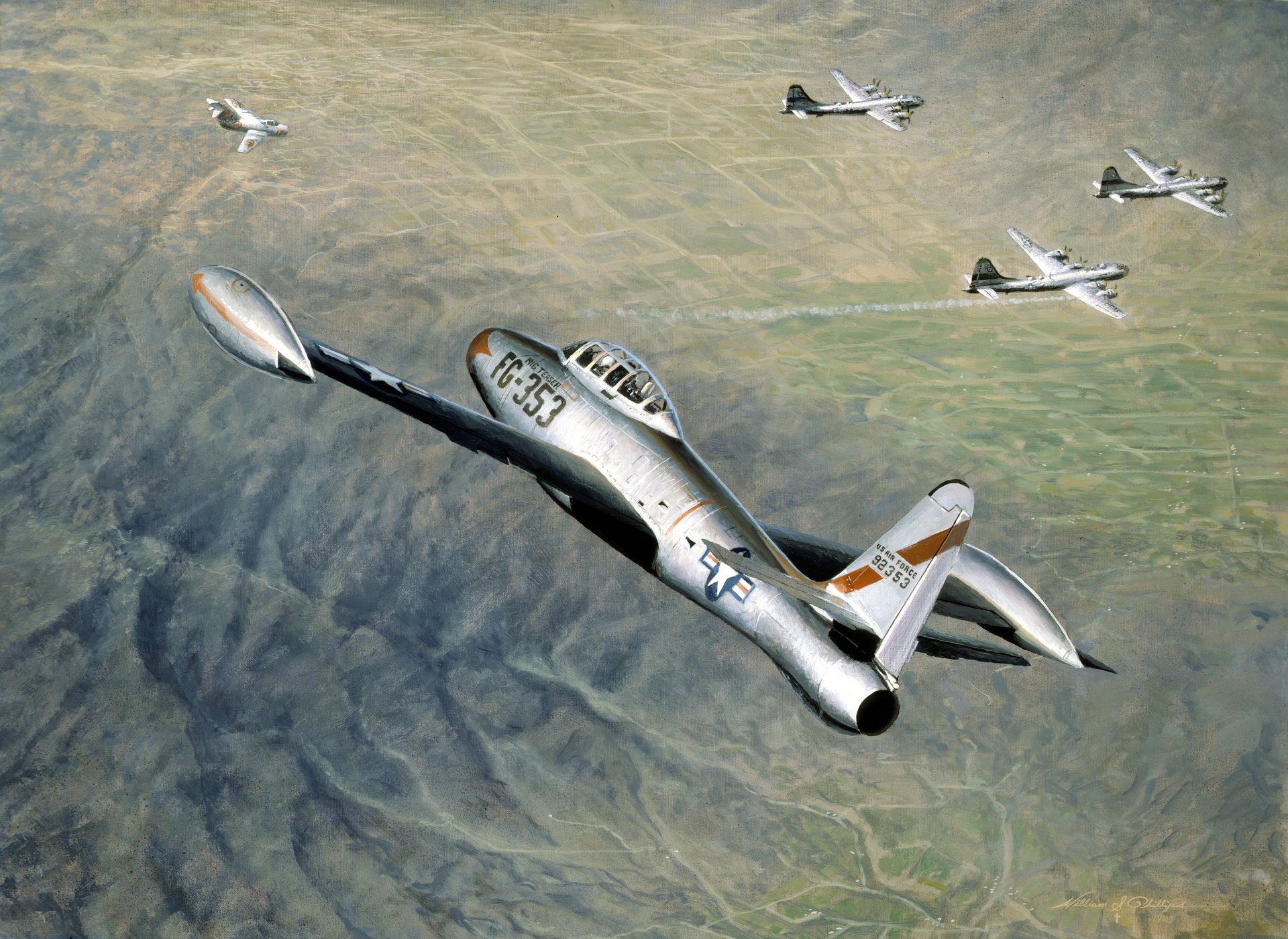 arte cielo combattimento caccia mig-15 rpdc air force lockheed f-80 shuting star strategico bombardieri b-29 superfortress us air force guerra di corea disegno